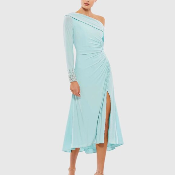 Mac Duggal Dresses & Skirts - IEENA FOR MAC DUGGAL Powder Blue Foldover Long Sleeve Jeweled Midi Dress,Size 12